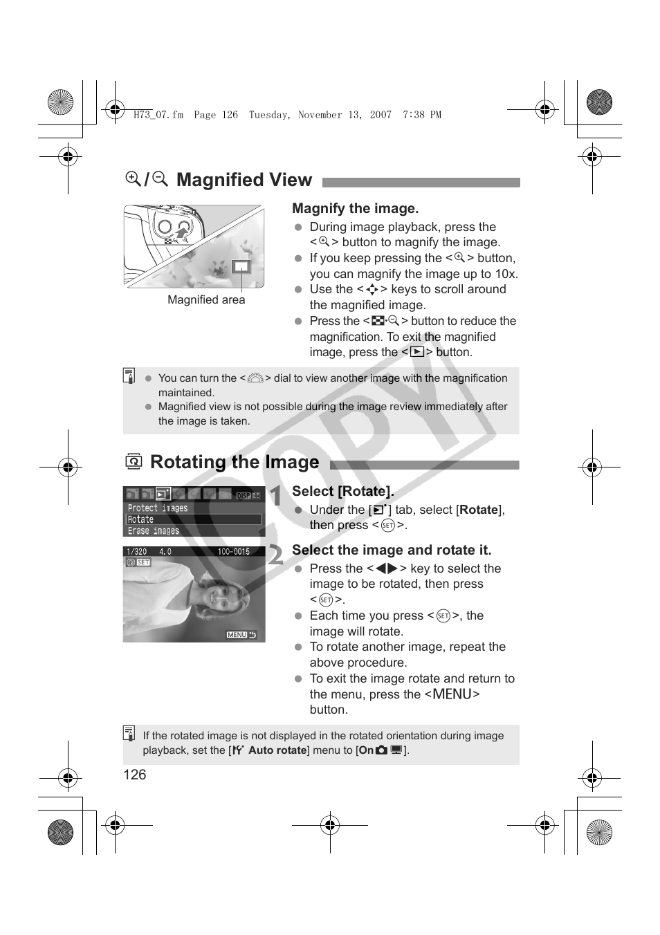 U / y magnified view, B rotating the image | Canon EOS Rebel xsi User Manual | Page 126 / 196