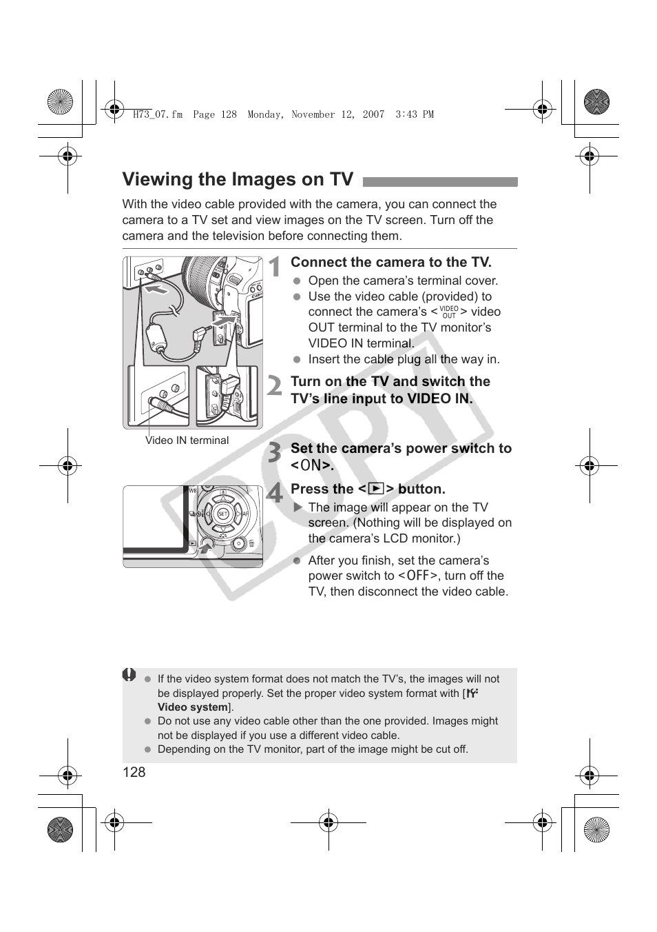 Viewing the images on tv | Canon EOS Rebel xsi User Manual | Page 128 / 196