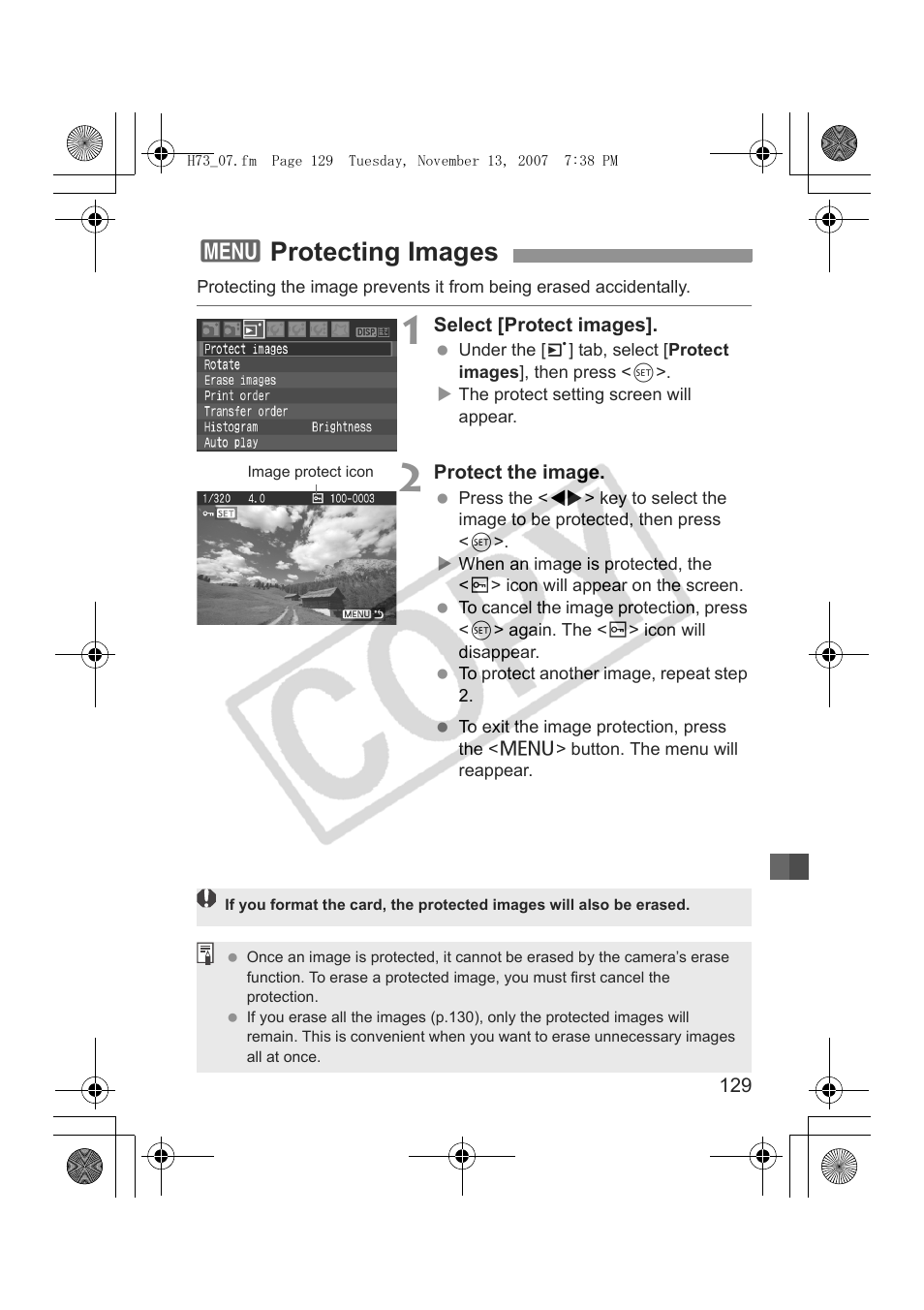 3protecting images | Canon EOS Rebel xsi User Manual | Page 129 / 196