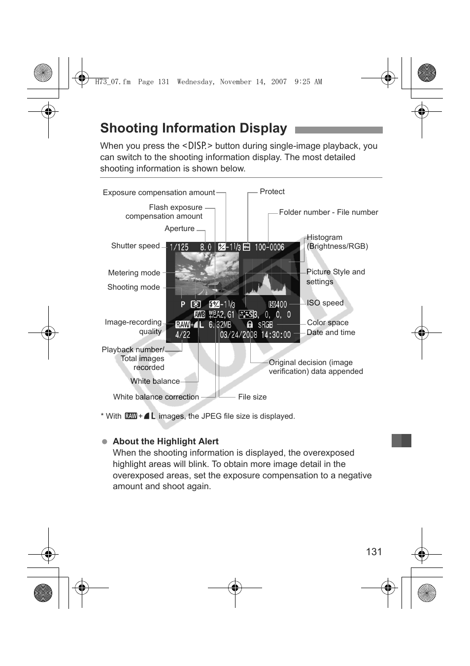 Shooting information display | Canon EOS Rebel xsi User Manual | Page 131 / 196