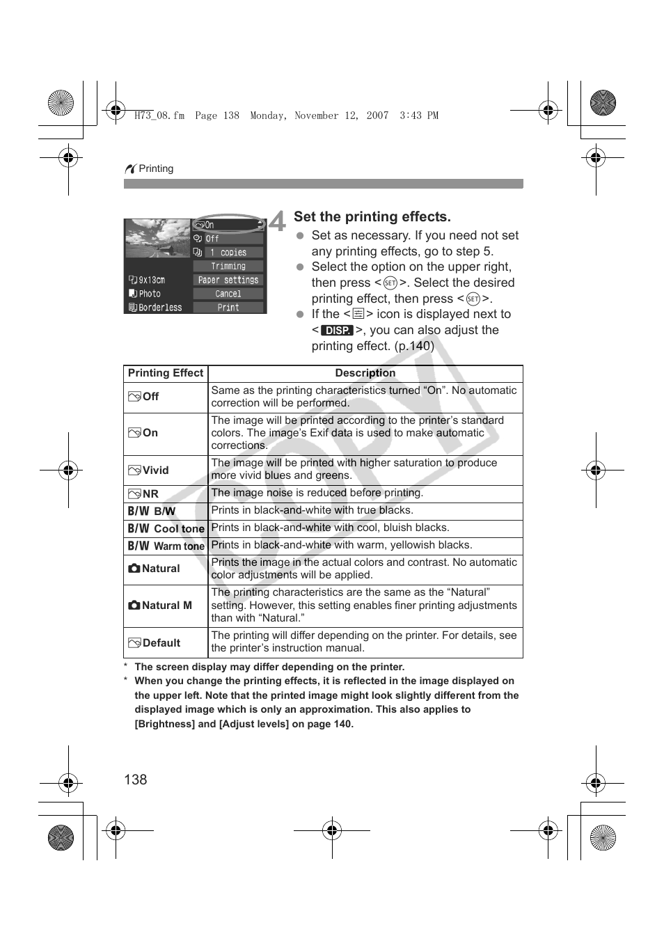 Set the printing effects | Canon EOS Rebel xsi User Manual | Page 138 / 196