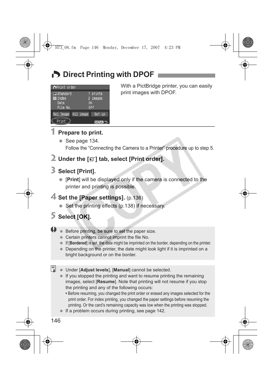 W direct printing with dpof | Canon EOS Rebel xsi User Manual | Page 146 / 196