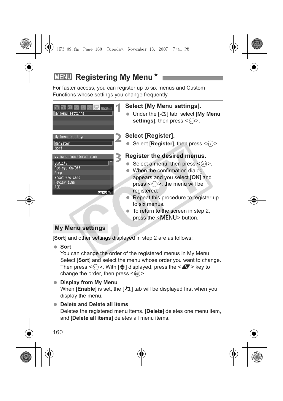 3registering my menu n | Canon EOS Rebel xsi User Manual | Page 160 / 196