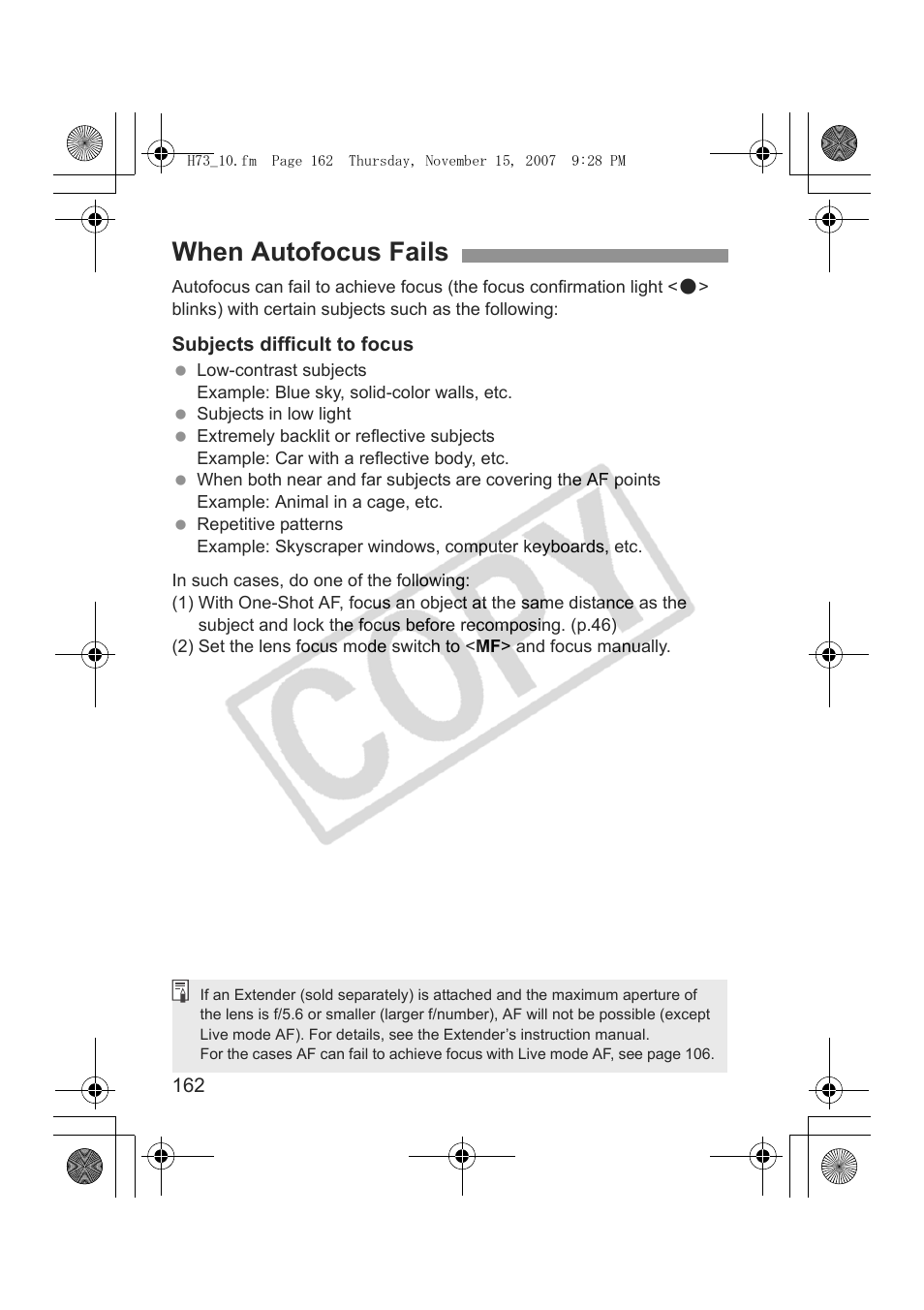 When autofocus fails | Canon EOS Rebel xsi User Manual | Page 162 / 196