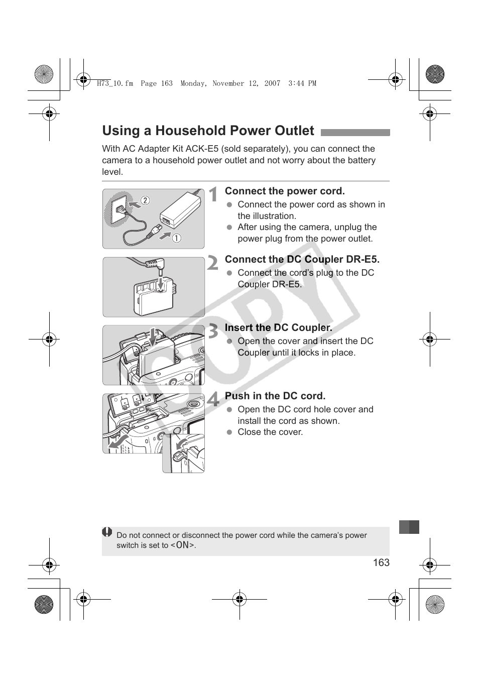 Using a household power outlet | Canon EOS Rebel xsi User Manual | Page 163 / 196