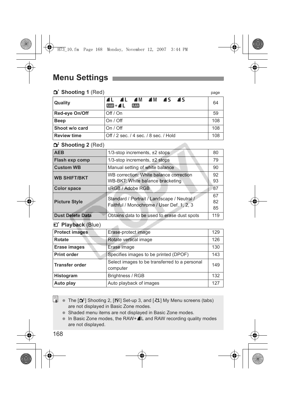 Menu settings | Canon EOS Rebel xsi User Manual | Page 168 / 196