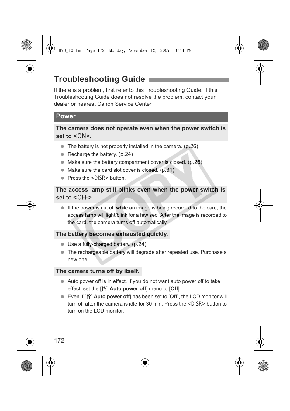 Troubleshooting guide | Canon EOS Rebel xsi User Manual | Page 172 / 196