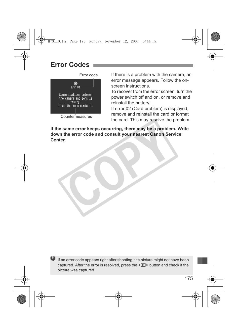 Error codes | Canon EOS Rebel xsi User Manual | Page 175 / 196