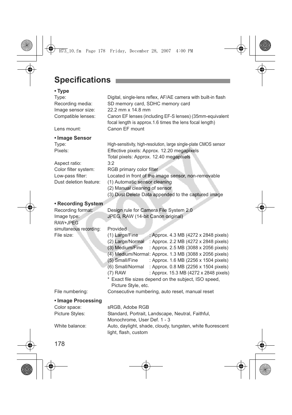 Specifications | Canon EOS Rebel xsi User Manual | Page 178 / 196