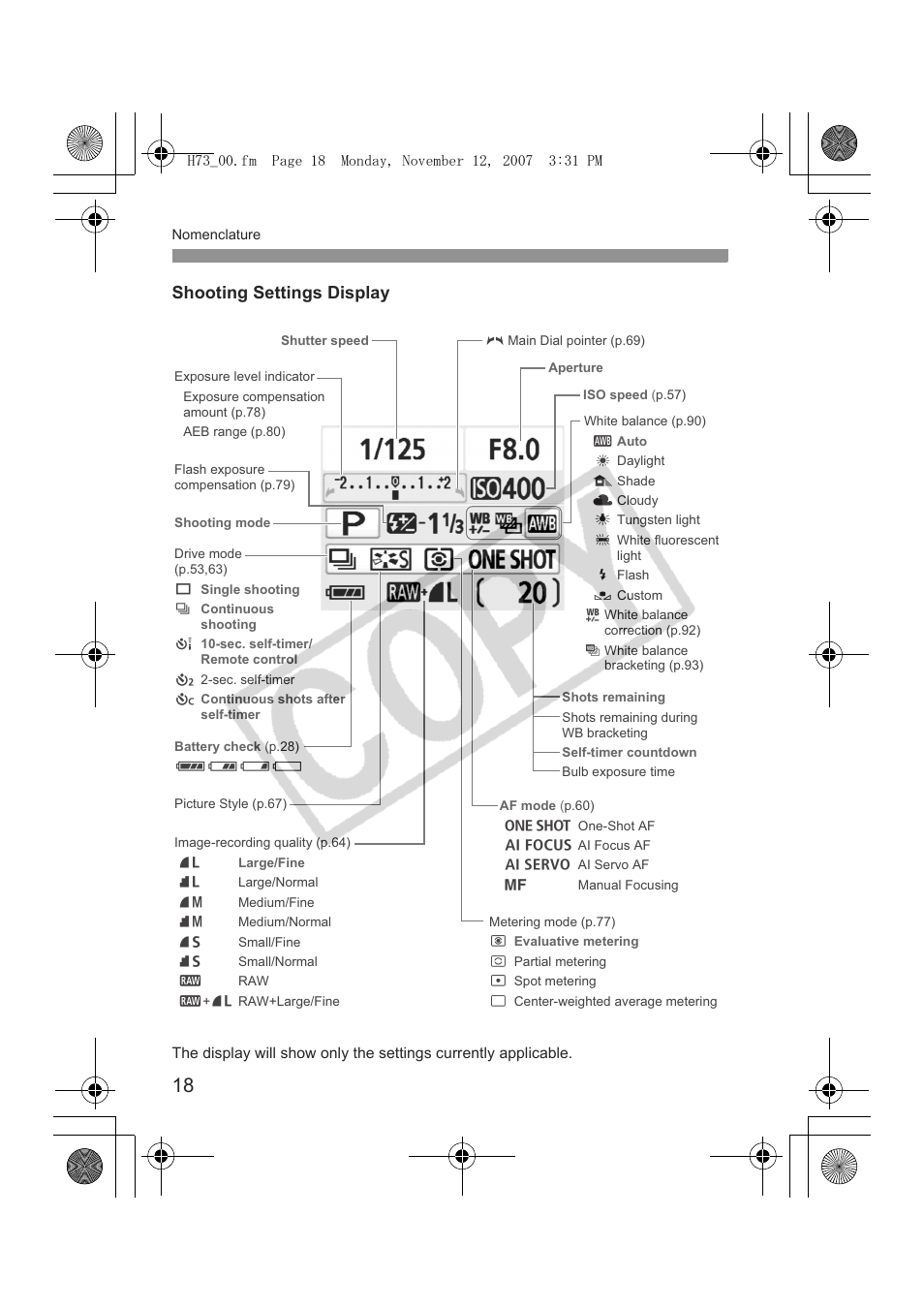 Shooting settings display | Canon EOS Rebel xsi User Manual | Page 18 / 196