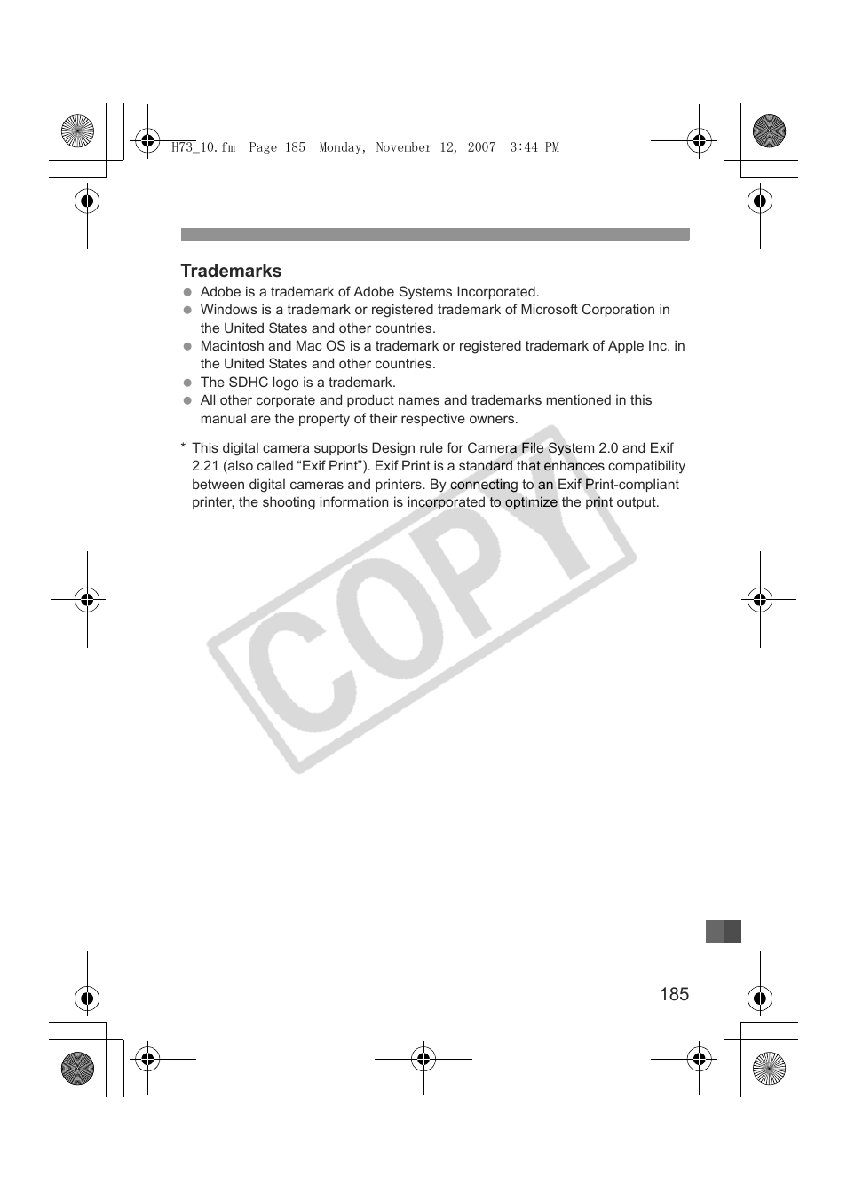 185 trademarks | Canon EOS Rebel xsi User Manual | Page 185 / 196