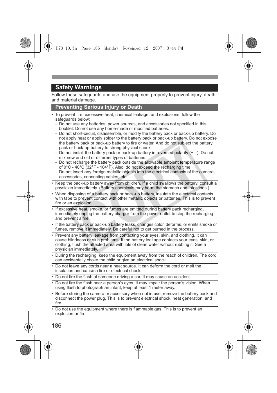 186 safety warnings, Preventing serious injury or death | Canon EOS Rebel xsi User Manual | Page 186 / 196