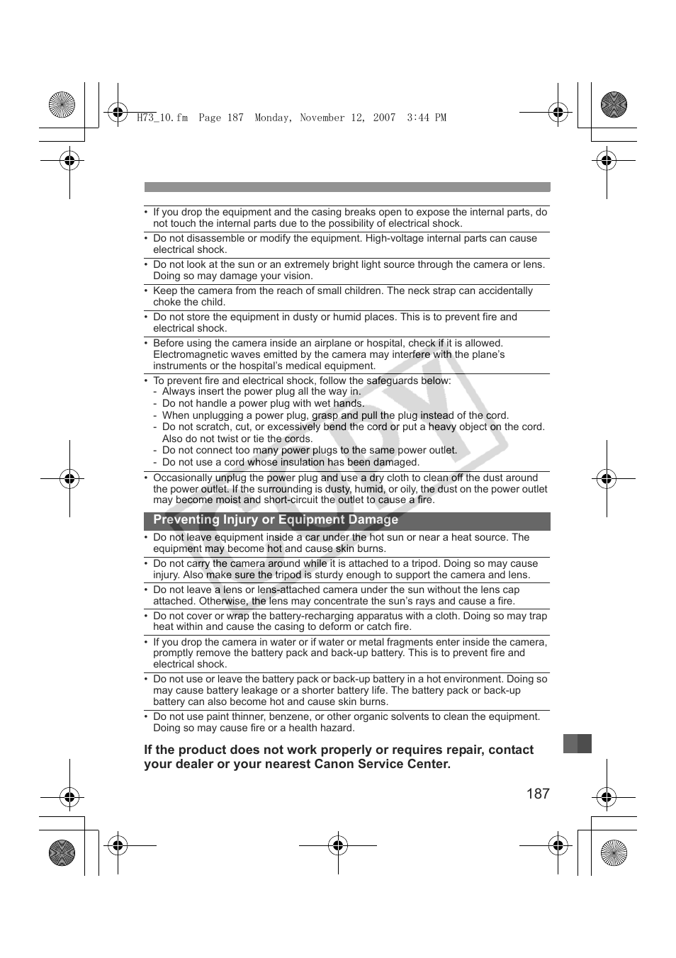 Preventing injury or equipment damage | Canon EOS Rebel xsi User Manual | Page 187 / 196