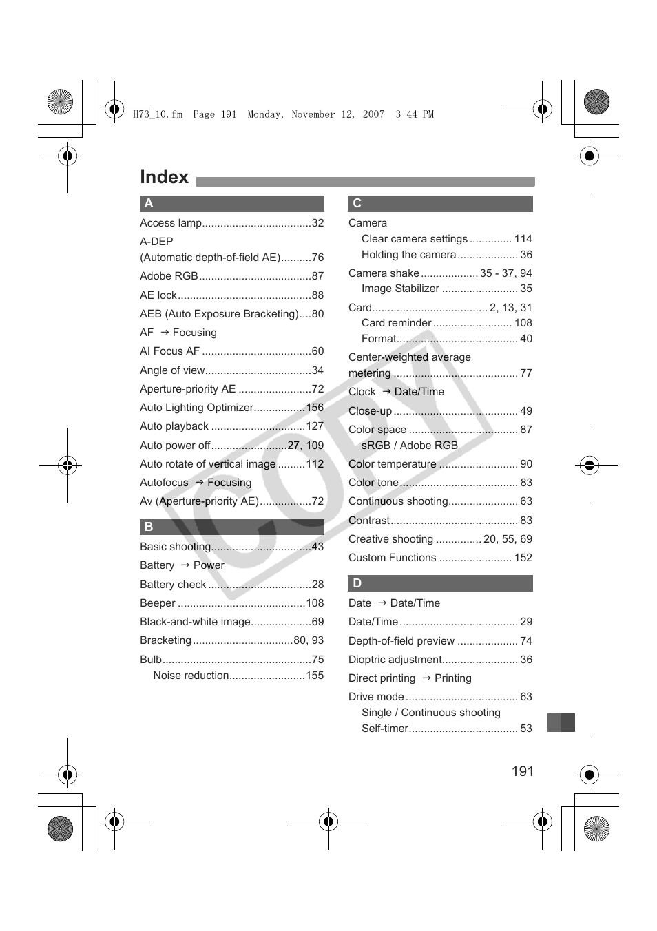 Index | Canon EOS Rebel xsi User Manual | Page 191 / 196