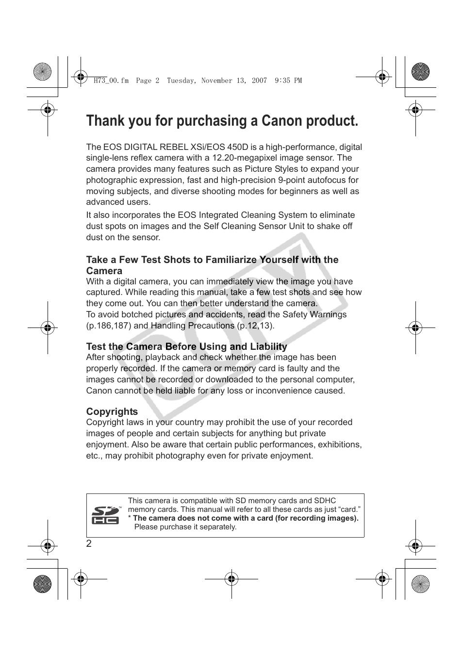 Canon EOS Rebel xsi User Manual | Page 2 / 196