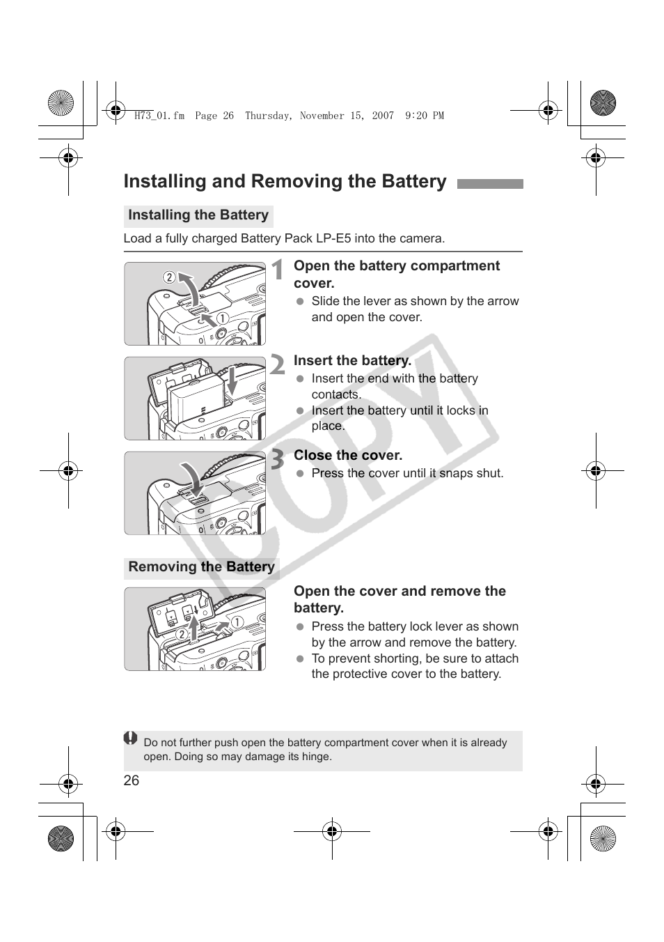 Installing and removing the battery | Canon EOS Rebel xsi User Manual | Page 26 / 196