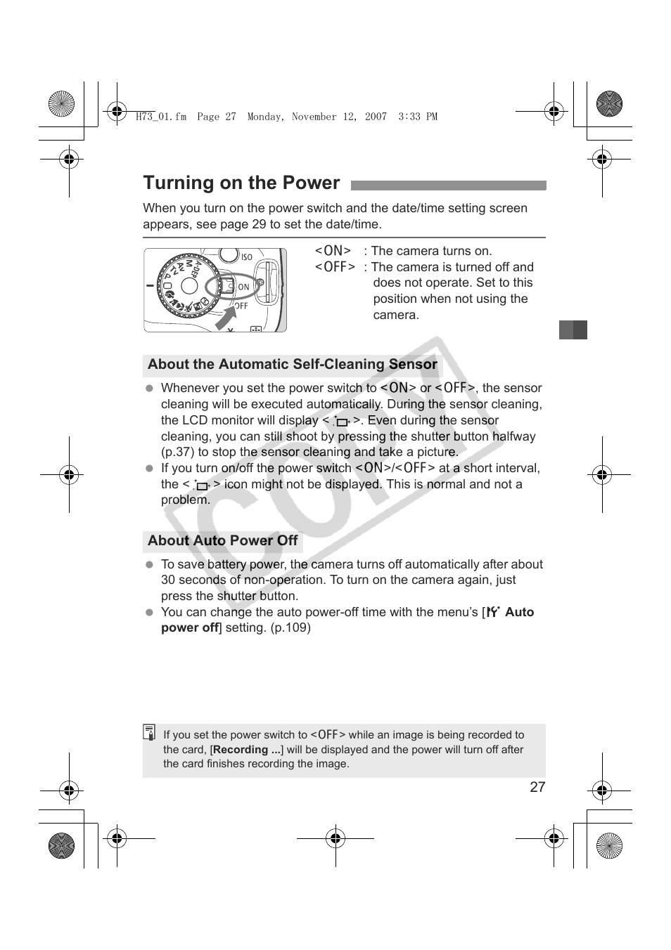 Turning on the power | Canon EOS Rebel xsi User Manual | Page 27 / 196