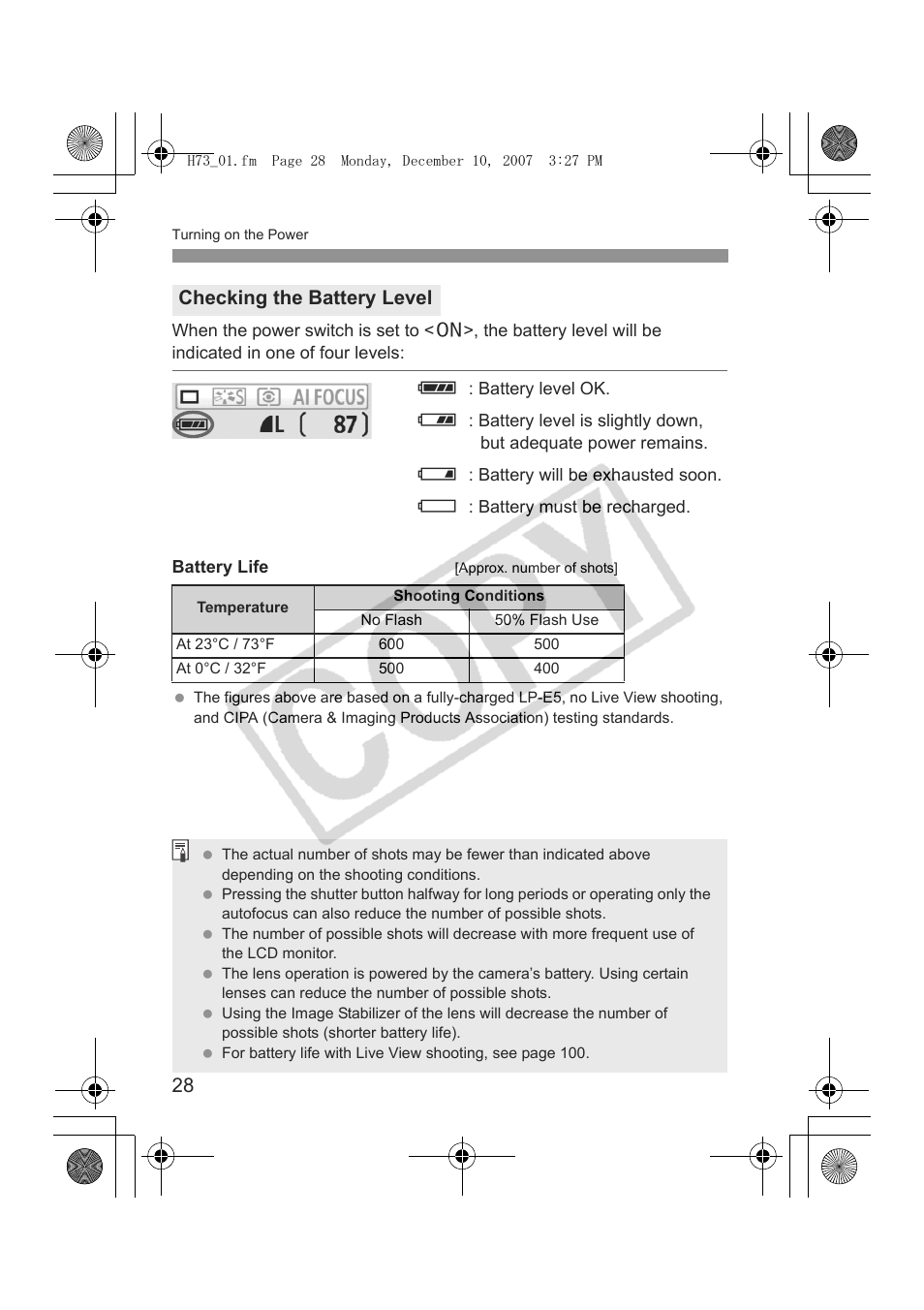 Checking the battery level | Canon EOS Rebel xsi User Manual | Page 28 / 196