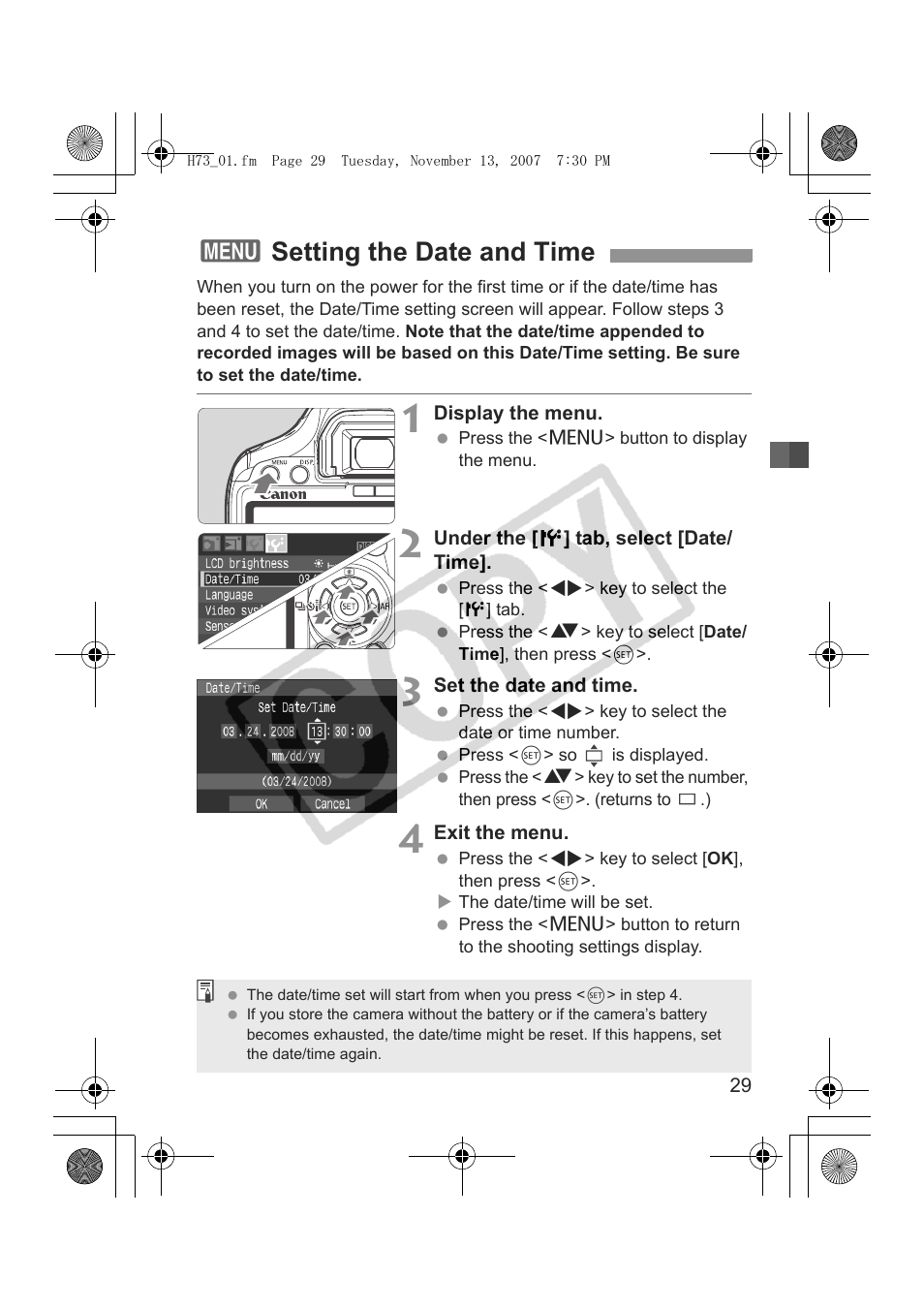 3setting the date and time | Canon EOS Rebel xsi User Manual | Page 29 / 196