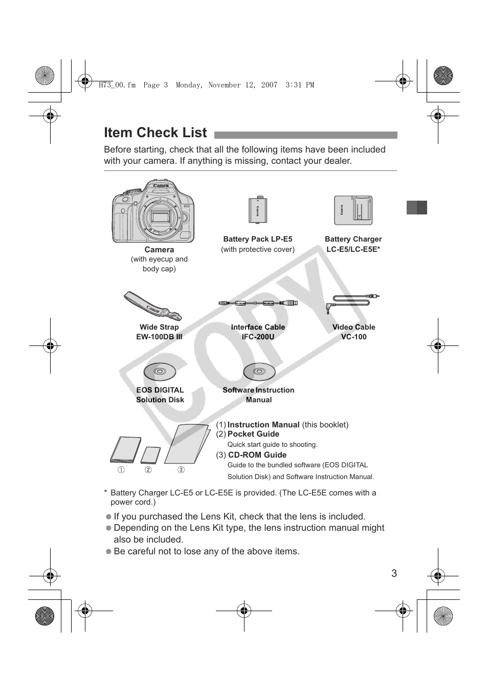 Item check list | Canon EOS Rebel xsi User Manual | Page 3 / 196