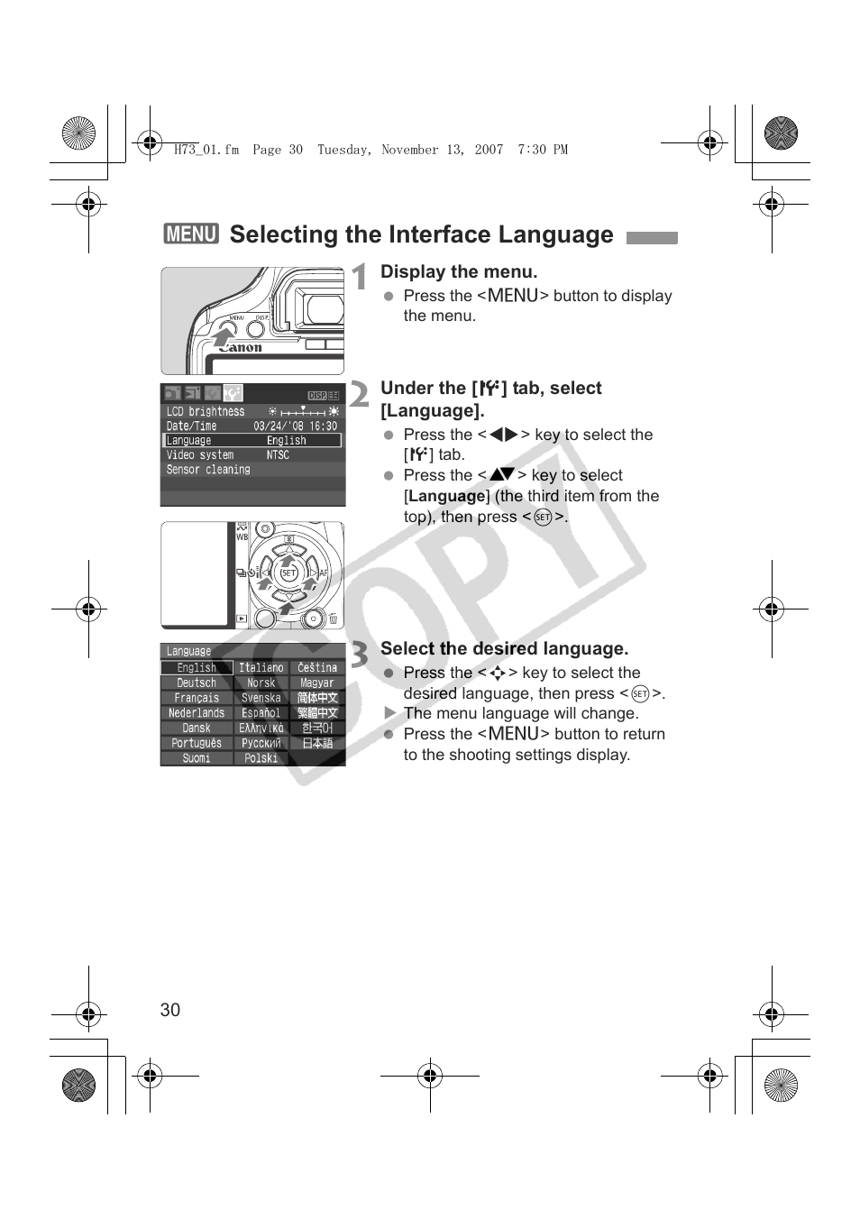 3selecting the interface language | Canon EOS Rebel xsi User Manual | Page 30 / 196