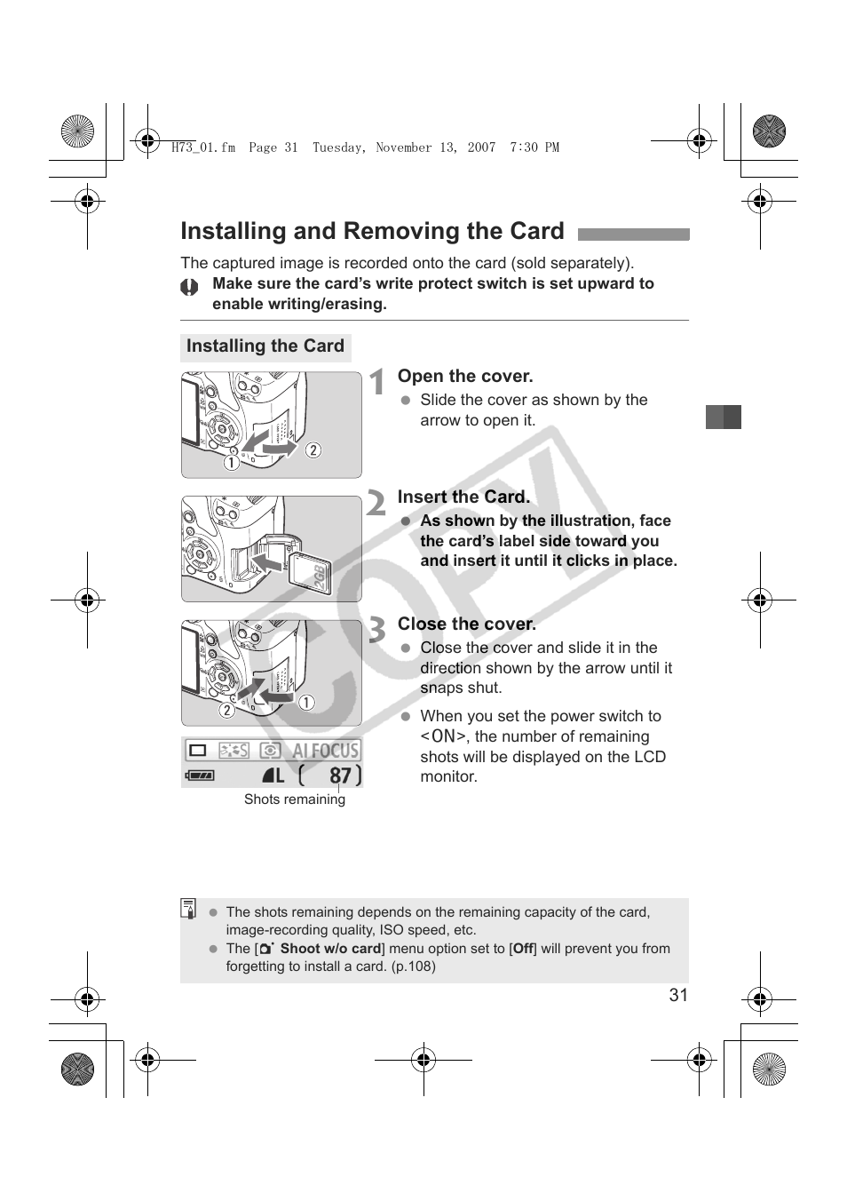 Installing and removing the card | Canon EOS Rebel xsi User Manual | Page 31 / 196