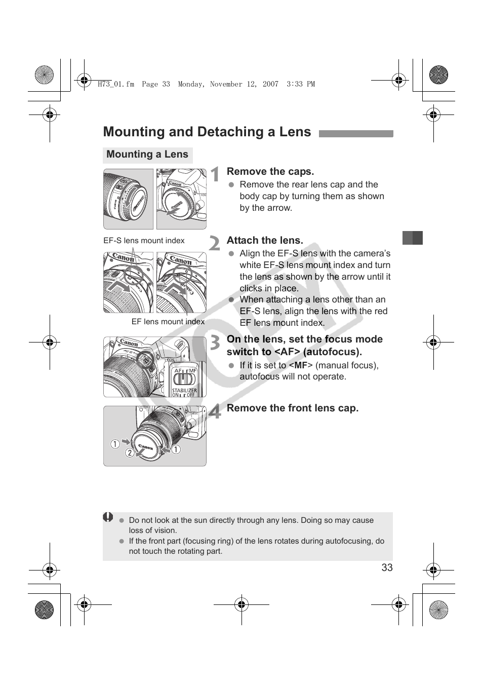 Mounting and detaching a lens | Canon EOS Rebel xsi User Manual | Page 33 / 196