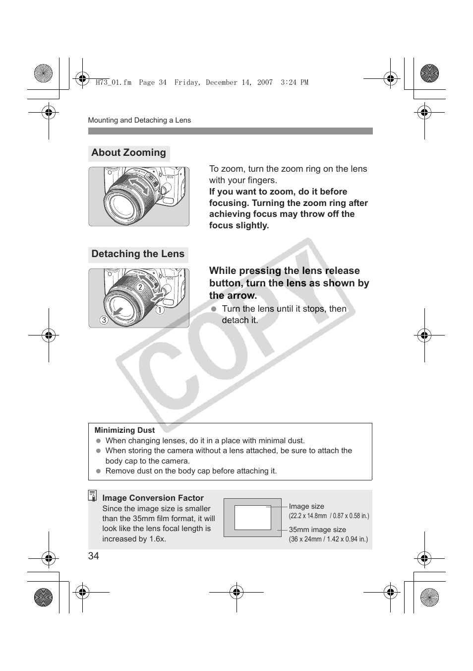 About zooming detaching the lens | Canon EOS Rebel xsi User Manual | Page 34 / 196