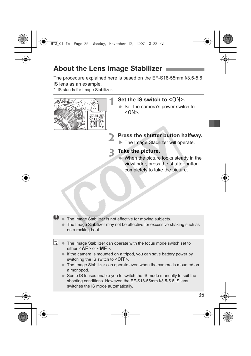 About the lens image stabilizer | Canon EOS Rebel xsi User Manual | Page 35 / 196