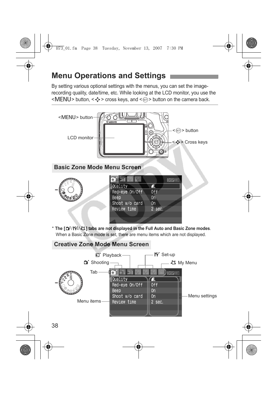 Menu operations and settings | Canon EOS Rebel xsi User Manual | Page 38 / 196