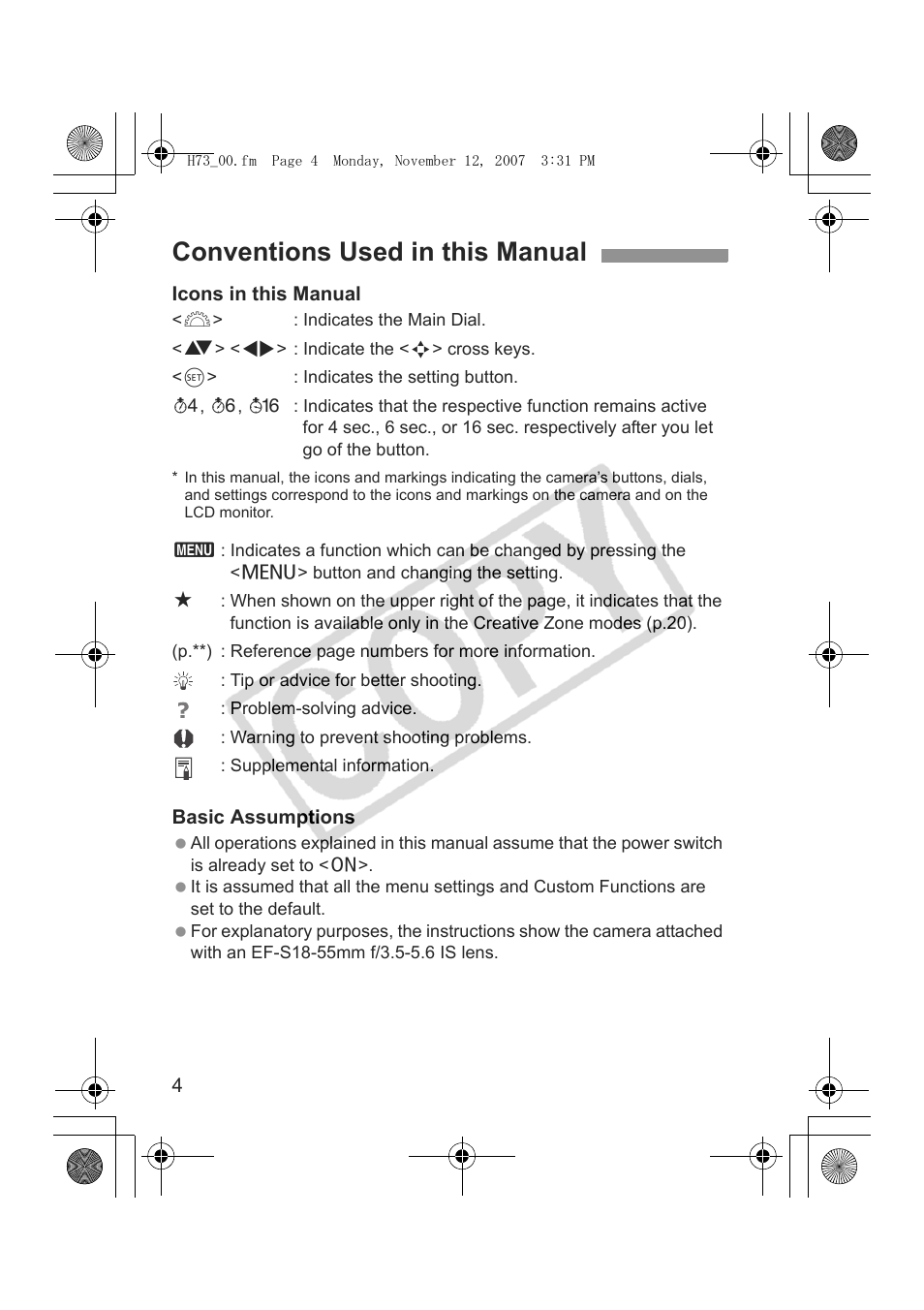 Conventions used in this manual | Canon EOS Rebel xsi User Manual | Page 4 / 196