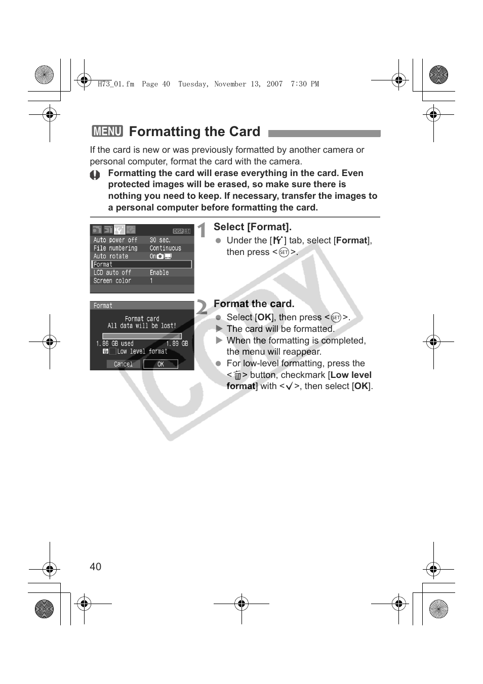 3formatting the card | Canon EOS Rebel xsi User Manual | Page 40 / 196