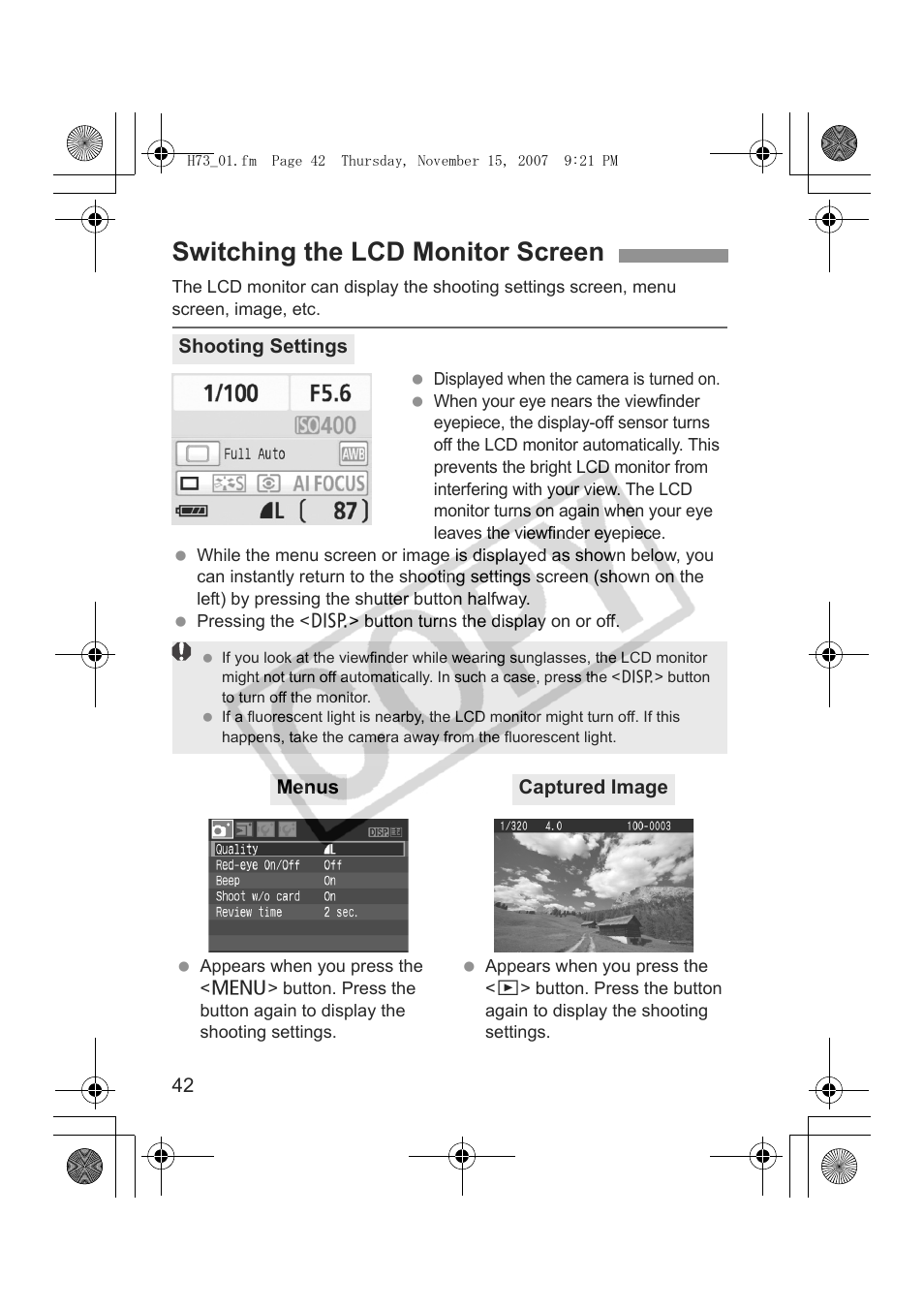 Switching the lcd monitor screen | Canon EOS Rebel xsi User Manual | Page 42 / 196