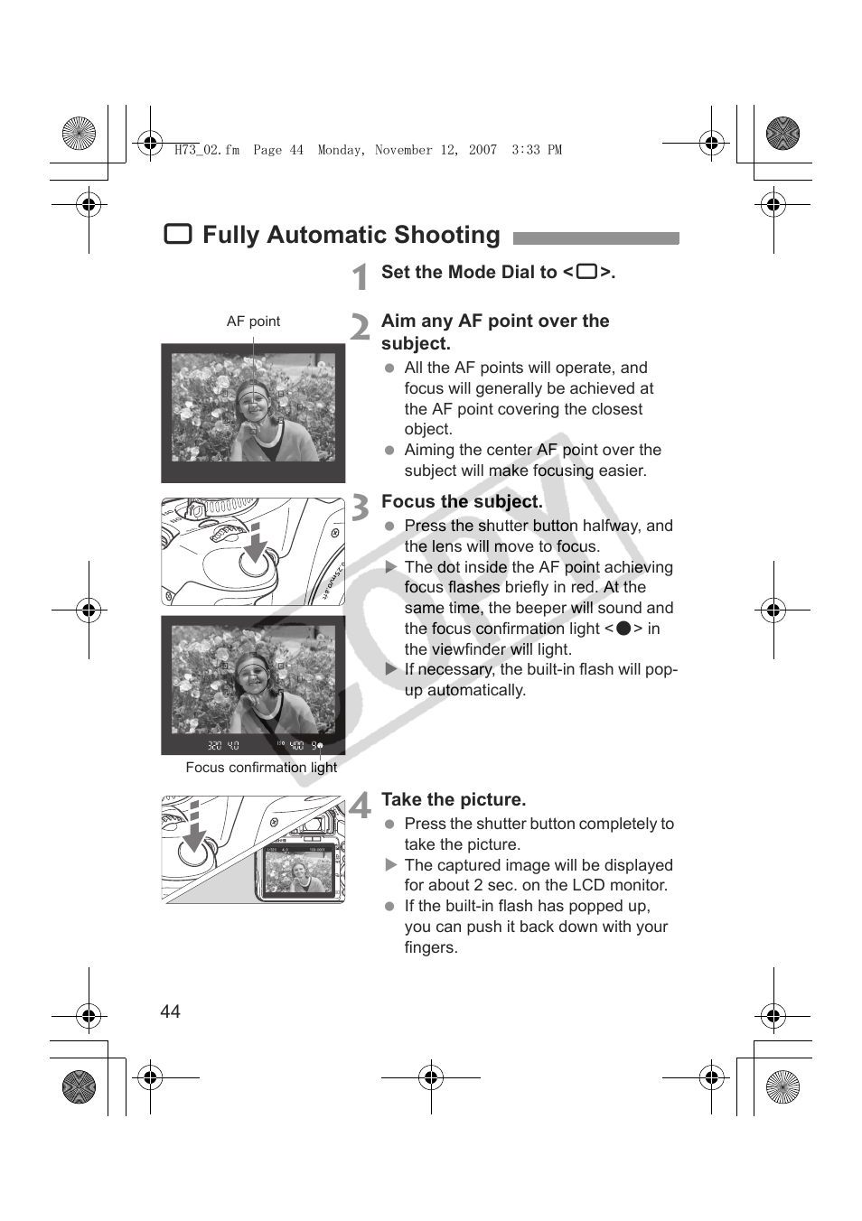 1 fully automatic shooting | Canon EOS Rebel xsi User Manual | Page 44 / 196