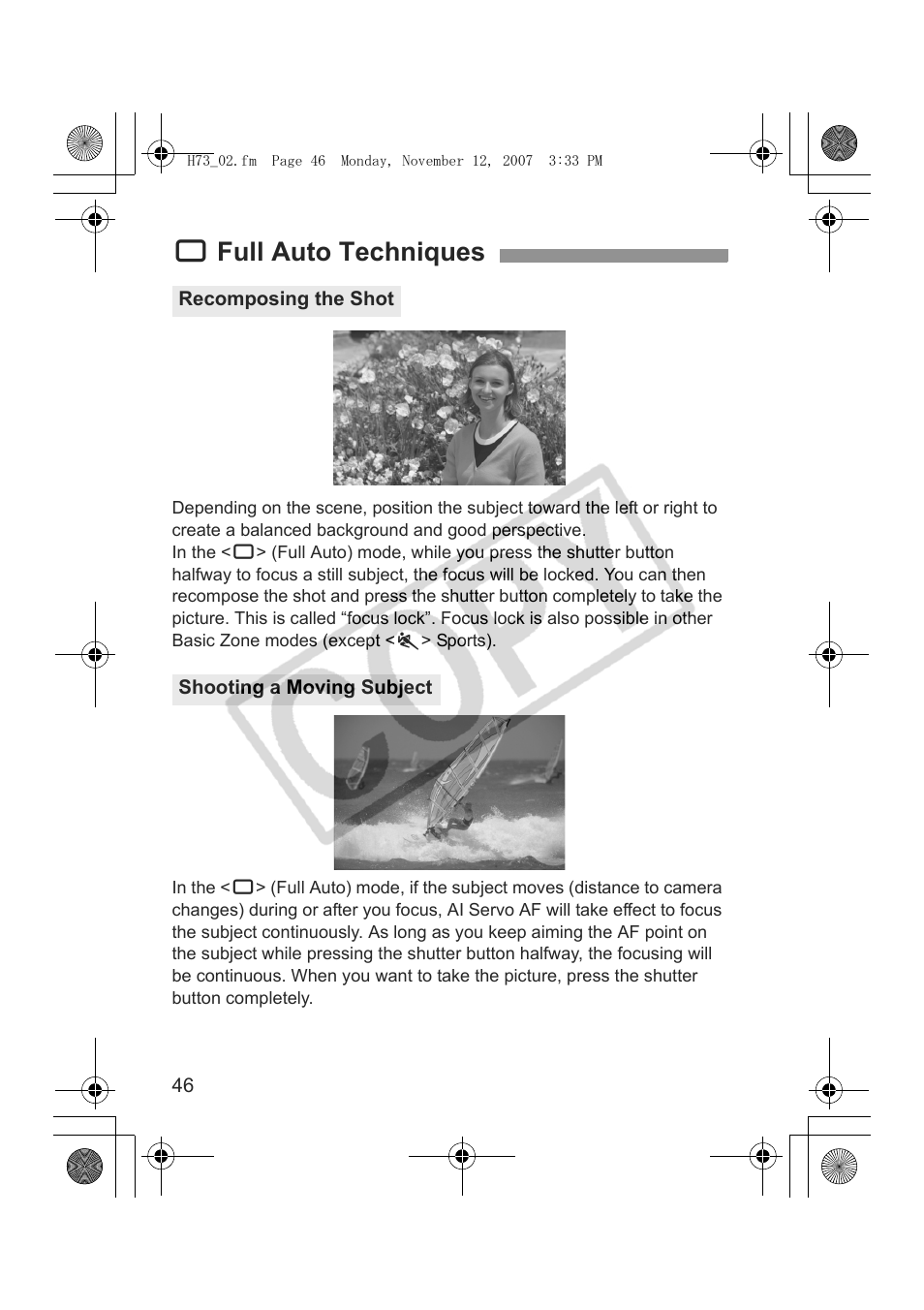 1 full auto techniques | Canon EOS Rebel xsi User Manual | Page 46 / 196