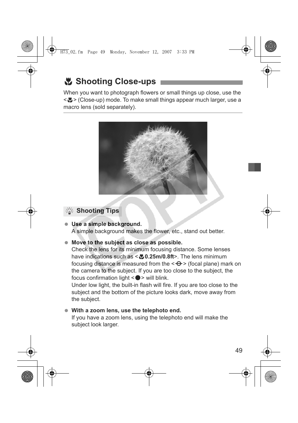 4 shooting close-ups | Canon EOS Rebel xsi User Manual | Page 49 / 196