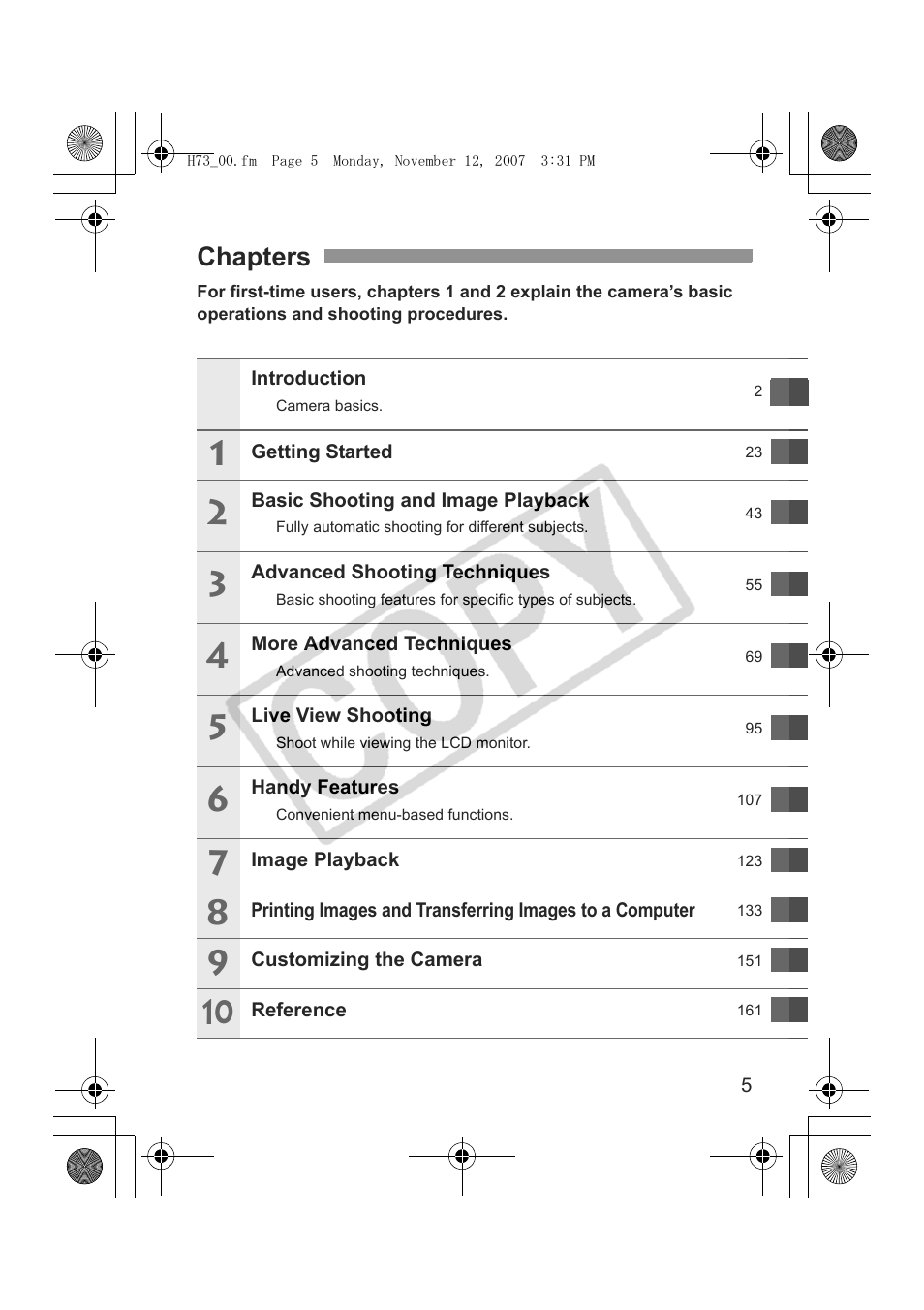 Chapters | Canon EOS Rebel xsi User Manual | Page 5 / 196