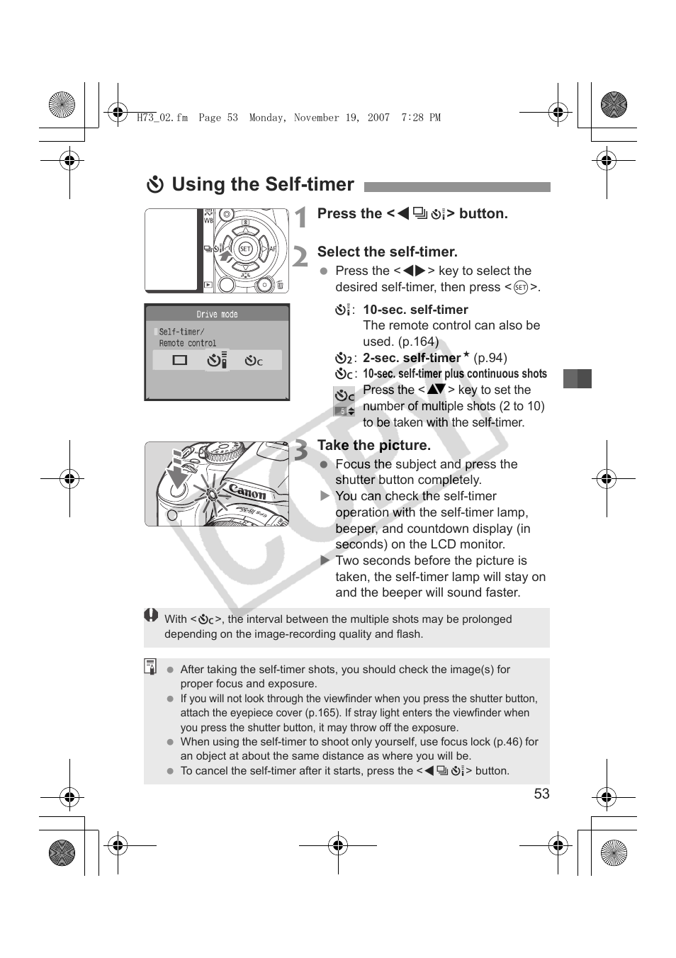 Jusing the self-timer | Canon EOS Rebel xsi User Manual | Page 53 / 196