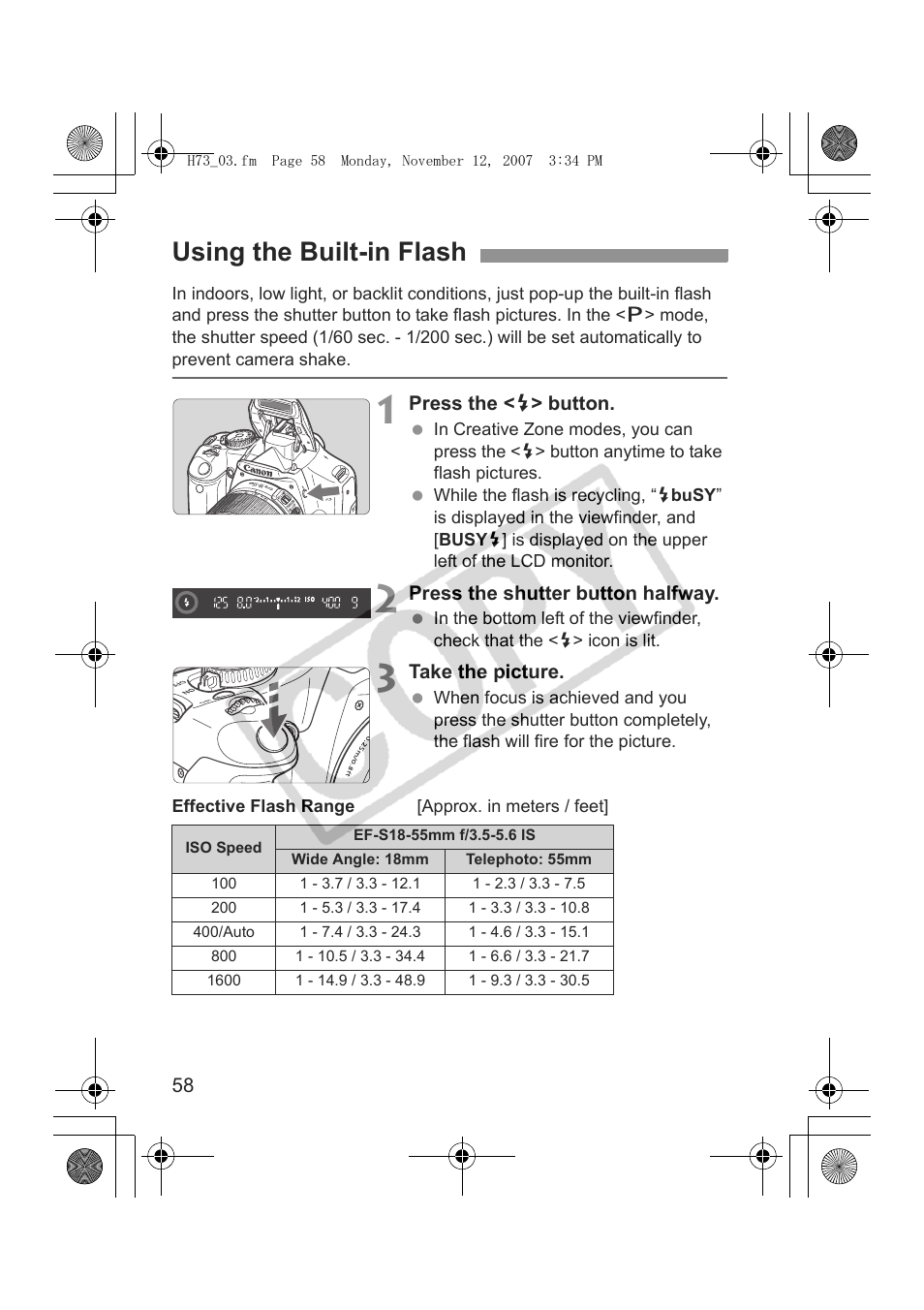 Using the built-in flash | Canon EOS Rebel xsi User Manual | Page 58 / 196