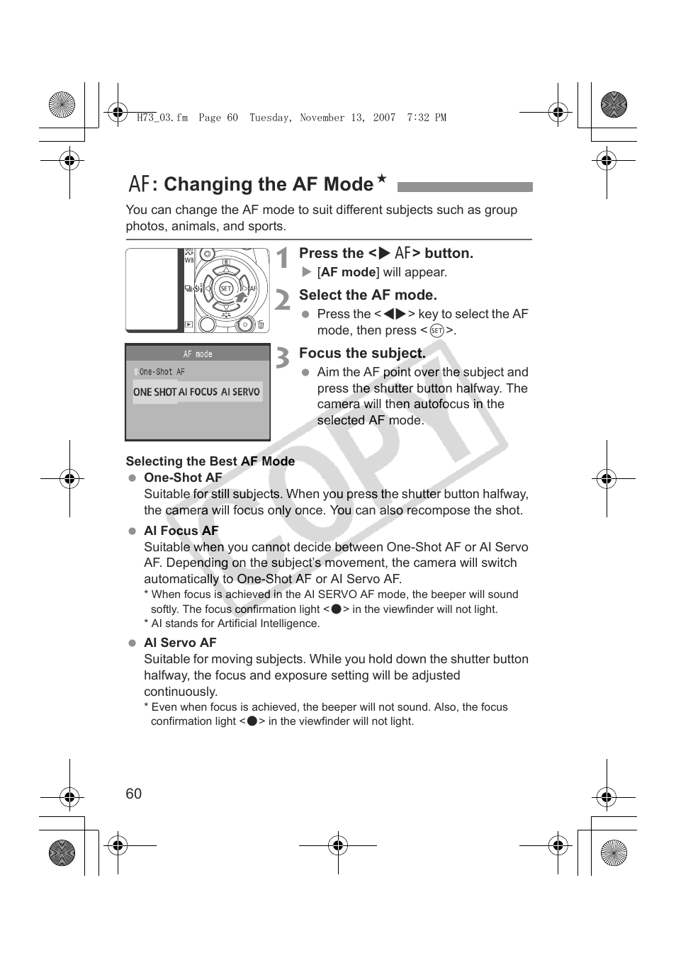 E: changing the af mode n | Canon EOS Rebel xsi User Manual | Page 60 / 196