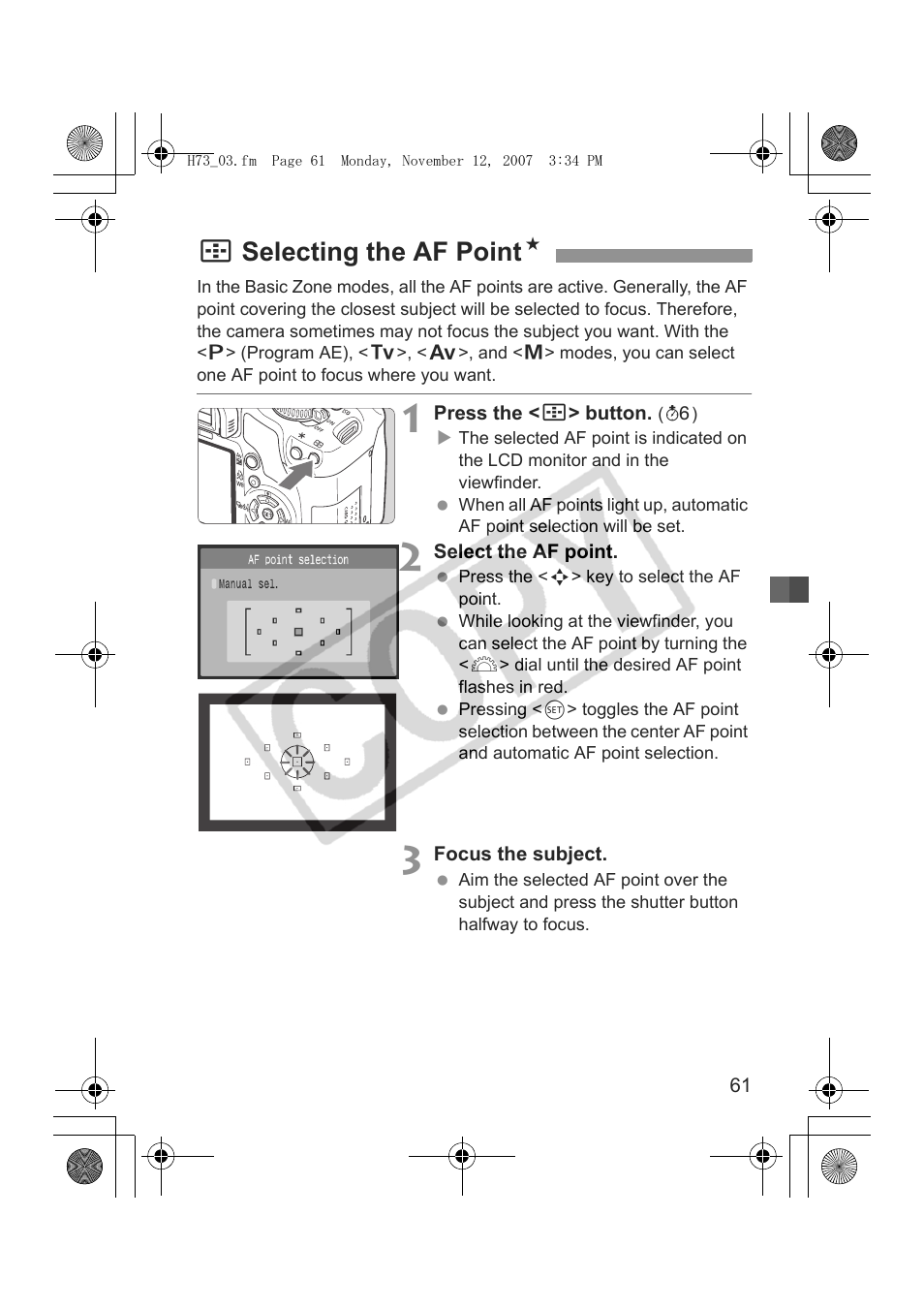 Sselecting the af point n | Canon EOS Rebel xsi User Manual | Page 61 / 196