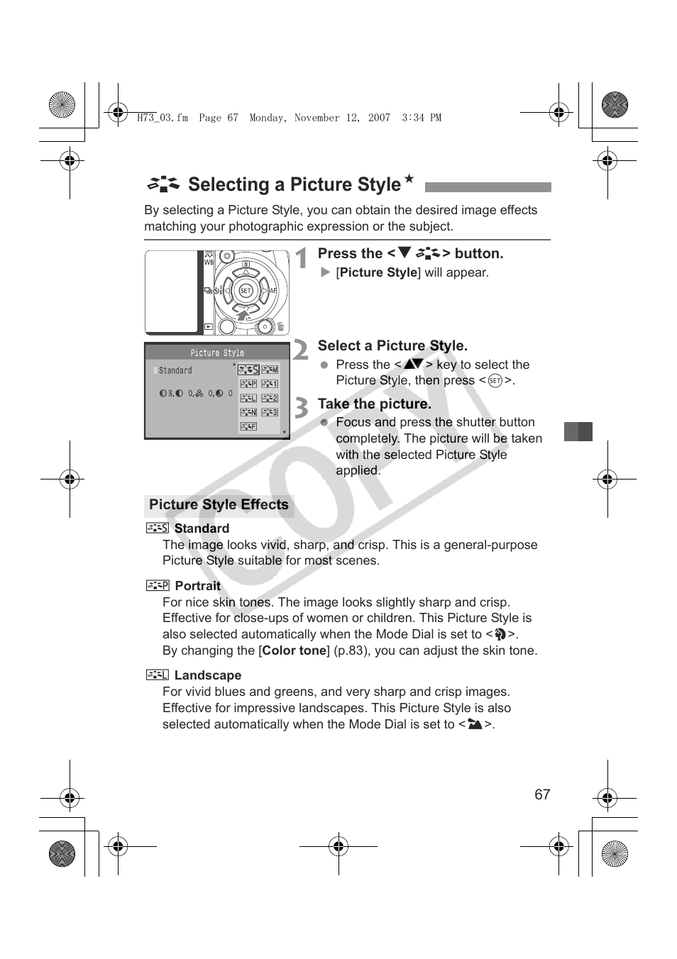 A selecting a picture style n | Canon EOS Rebel xsi User Manual | Page 67 / 196