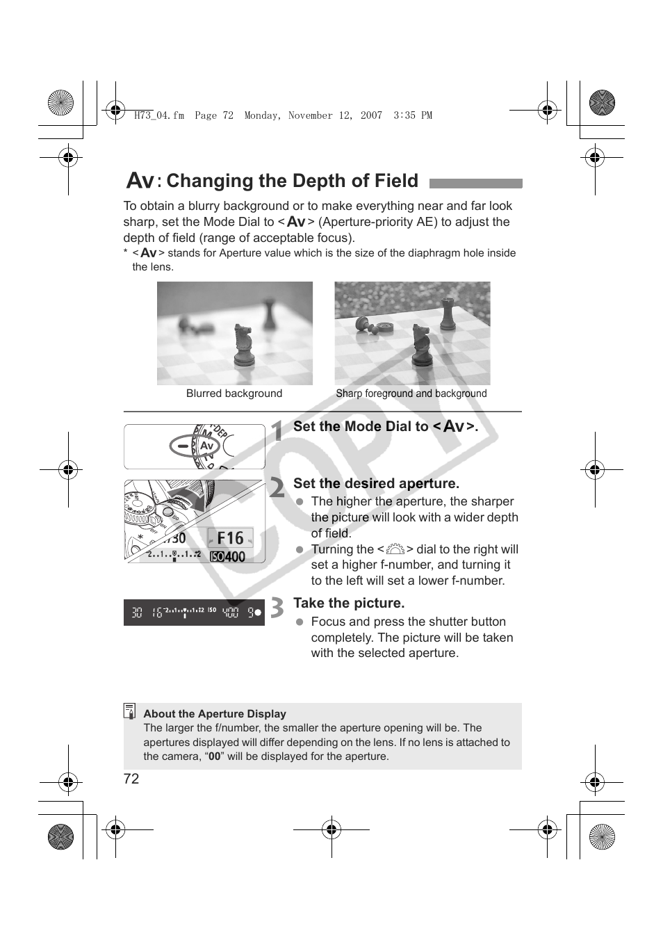 F: changing the depth of field | Canon EOS Rebel xsi User Manual | Page 72 / 196