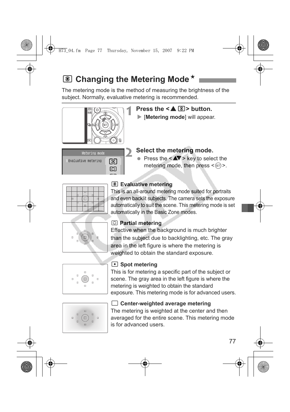 Qchanging the metering mode n | Canon EOS Rebel xsi User Manual | Page 77 / 196