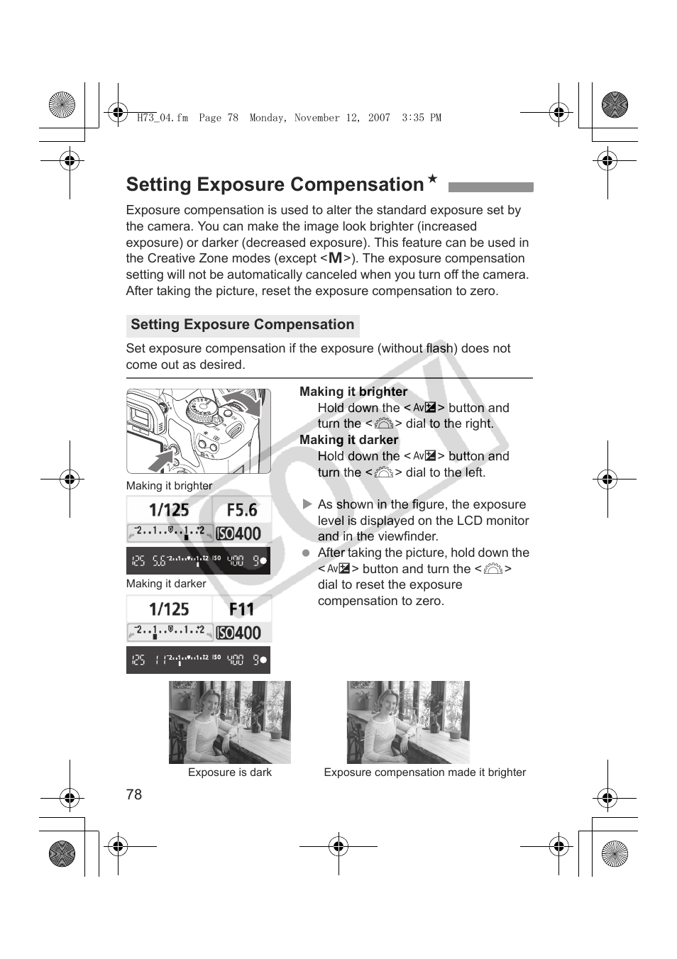 Setting exposure compensation n | Canon EOS Rebel xsi User Manual | Page 78 / 196