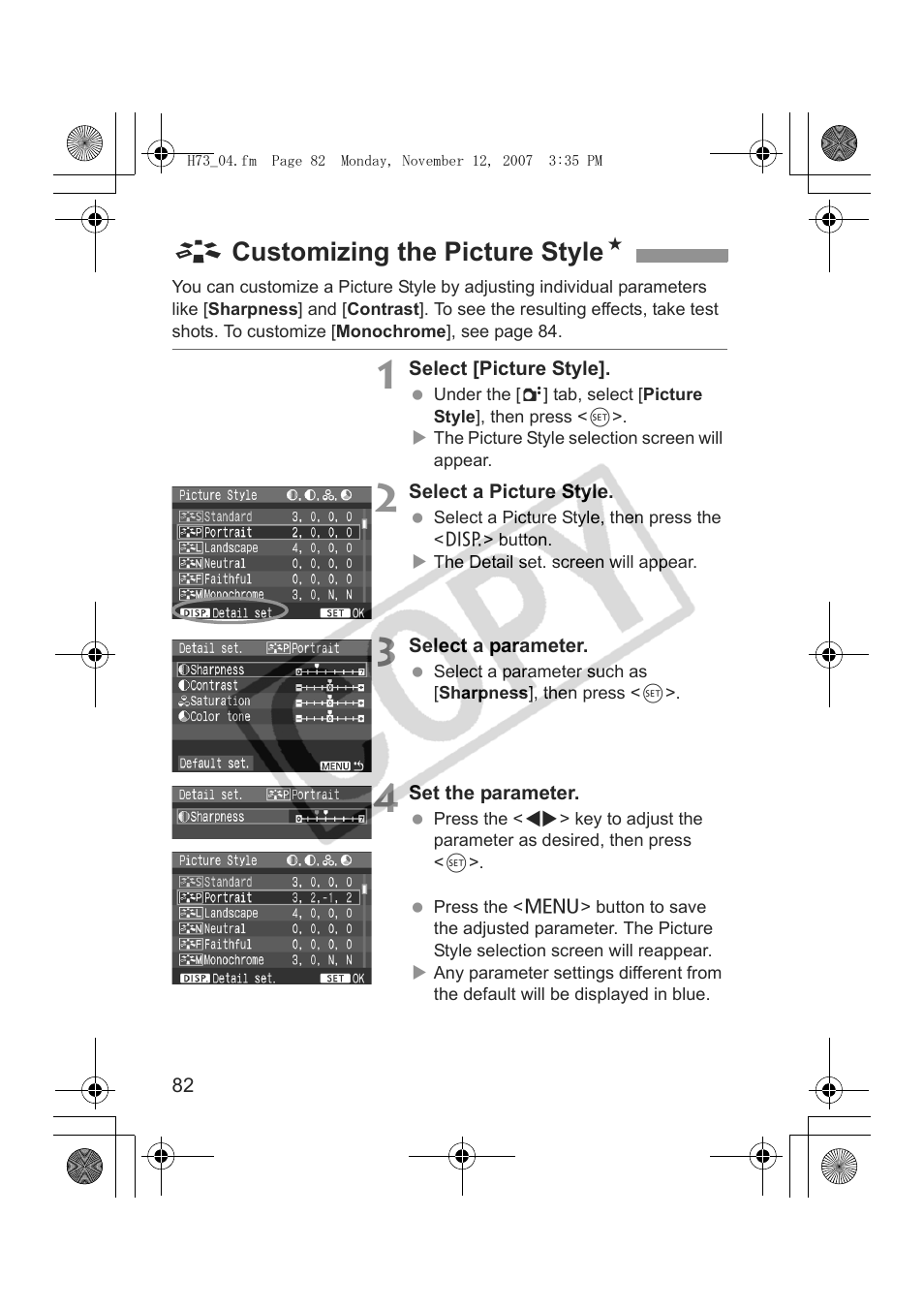 A customizing the picture style n | Canon EOS Rebel xsi User Manual | Page 82 / 196