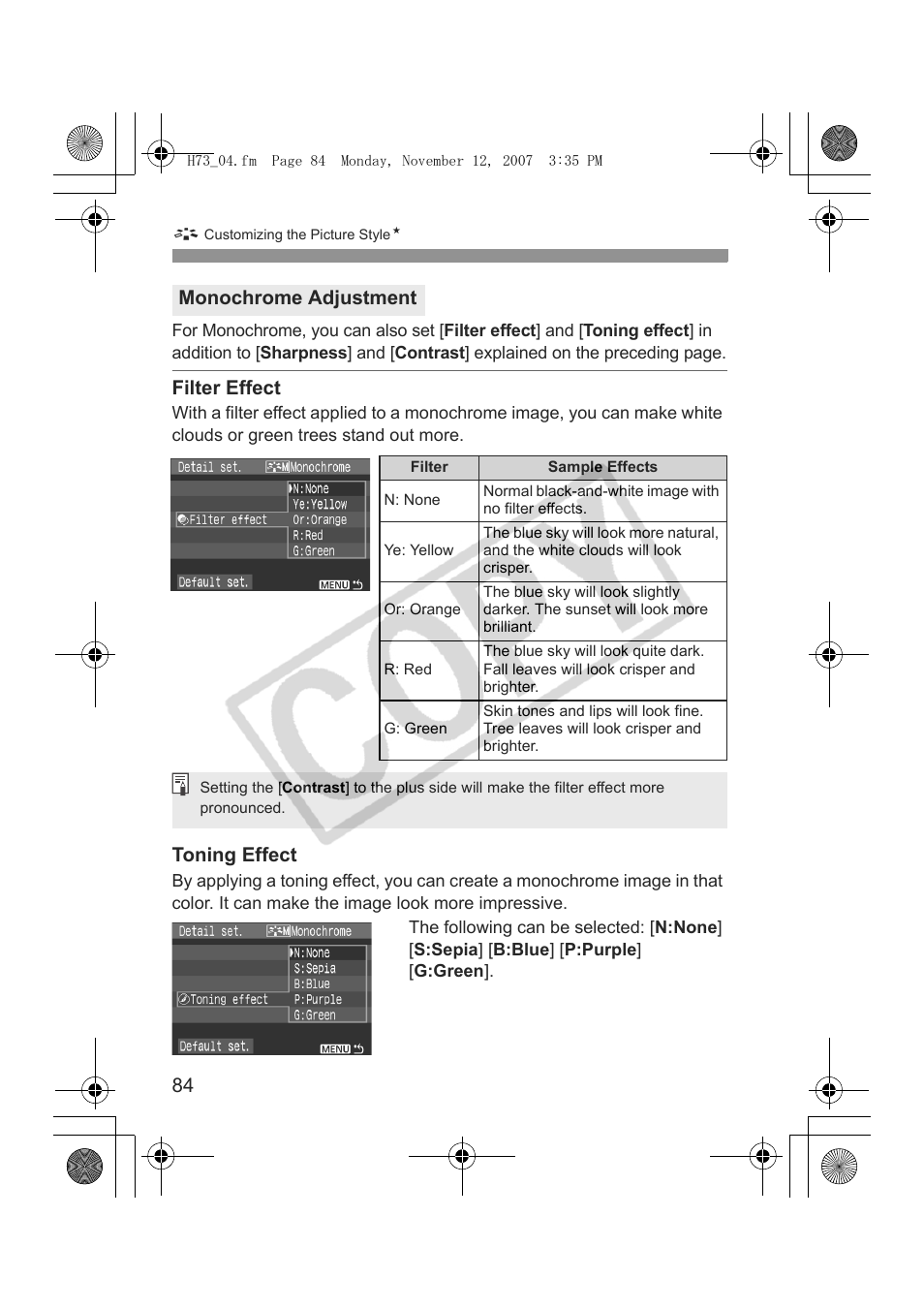 Filter effect, Toning effect, Monochrome adjustment | Canon EOS Rebel xsi User Manual | Page 84 / 196