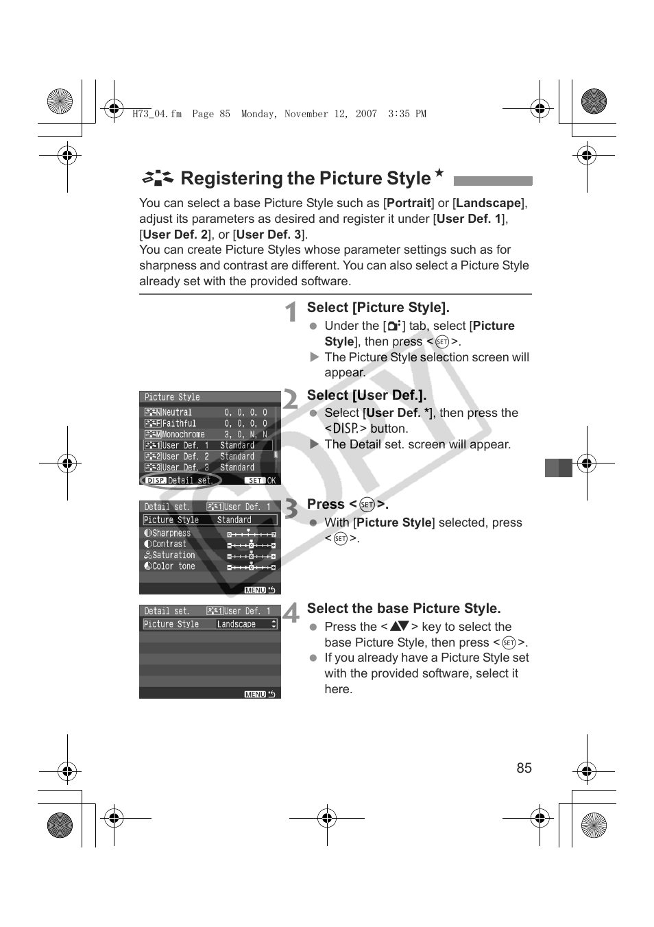 A registering the picture style n | Canon EOS Rebel xsi User Manual | Page 85 / 196