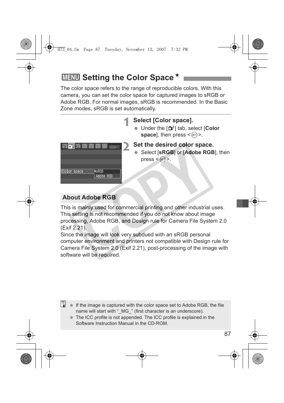 3setting the color space n | Canon EOS Rebel xsi User Manual | Page 87 / 196