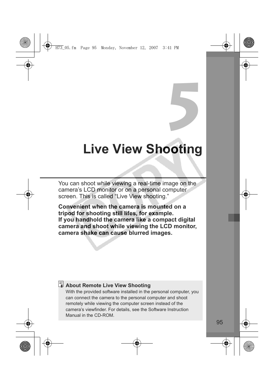 Live view shooting | Canon EOS Rebel xsi User Manual | Page 95 / 196